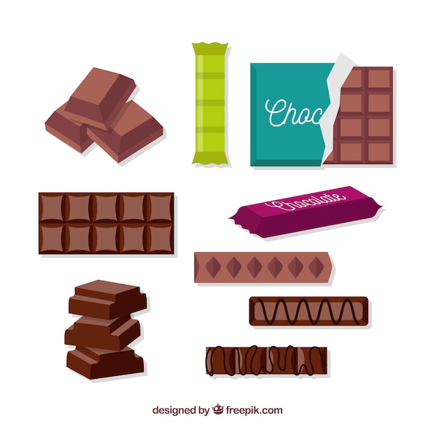 Set of bars and pieces of delicious chocolate