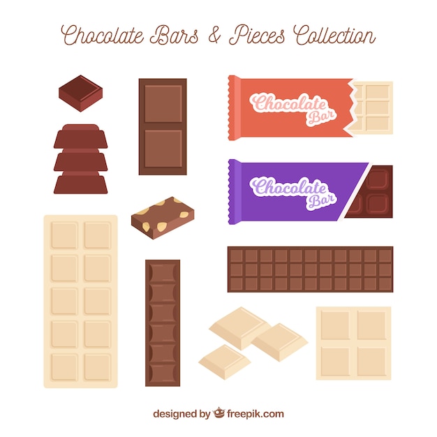 Set of bars and pieces of delicious chocolate