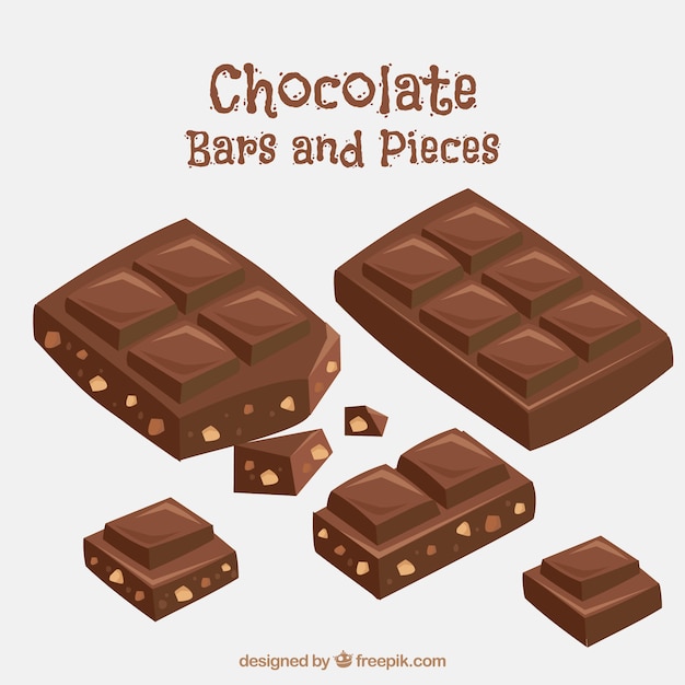 Set of bars and pieces of delicious chocolate