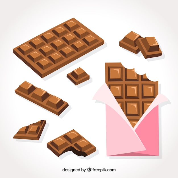 Set of bars and pieces with different chocolates