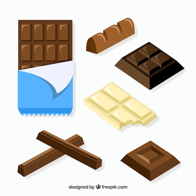 Set of bars and pieces with different chocolates