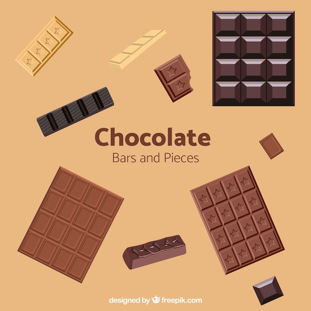 Set of bars and pieces with different chocolates