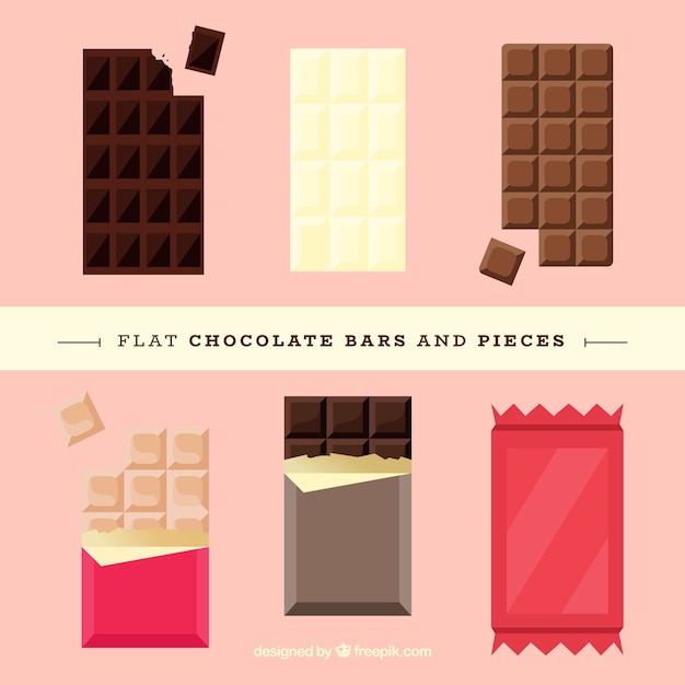 Set of bars and pieces with different chocolates