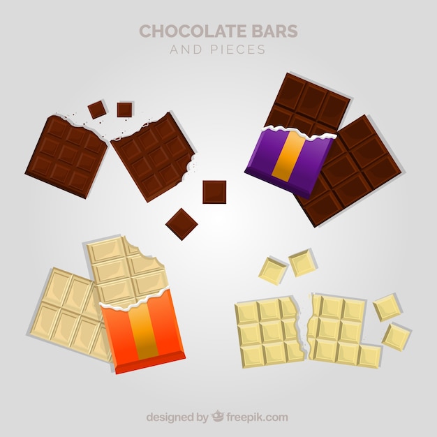 Set of bars and pieces with different chocolates