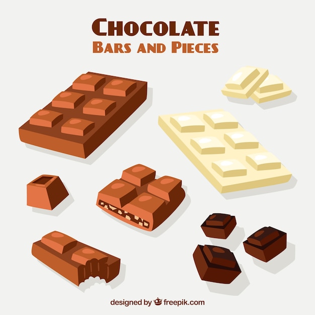 Set of bars and pieces with different chocolates