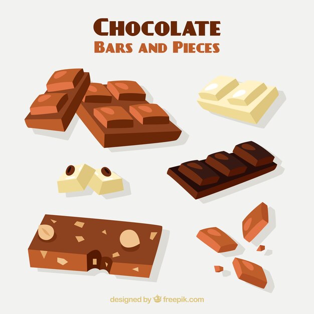 Set of bars and pieces with different chocolates