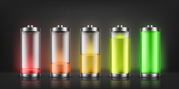 Free Vector set of battery charge indicators with low and high energy levels isolated on background. 