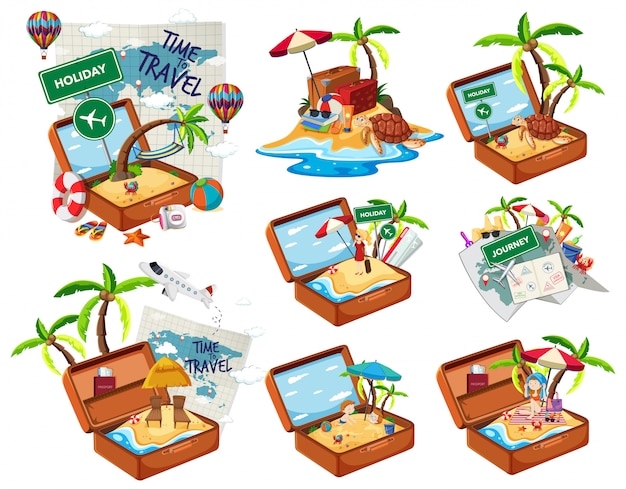 Free Vector set of beach in the travel luggage