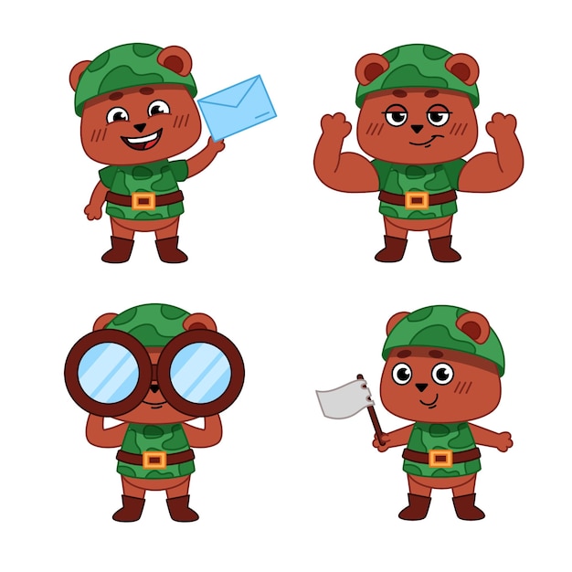 Set of bears in camouflage uniform holding letter showing muscles looking through binoculars waving white flag