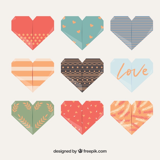 Free Vector set of beautiful abstract origami hearts