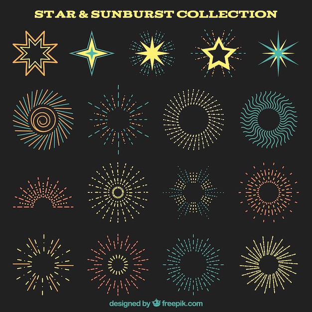 Free Vector set of beautiful colores sunburst and stars ornaments