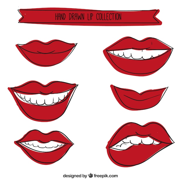 Free Vector set of beautiful hand-drawn red lips