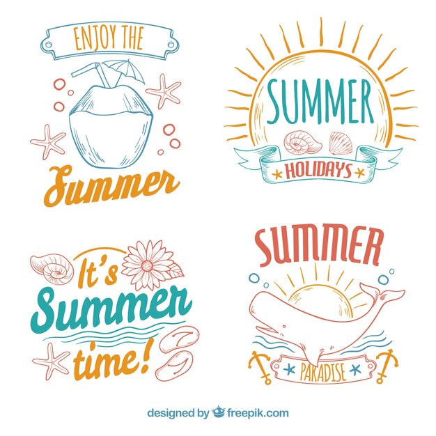 Free Vector set of beautiful hand drawn summer stickers