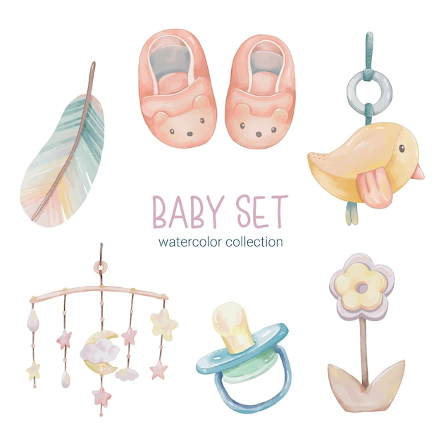 Free Vector set of beautiful separate parts of clothes baby items and toy in water colors