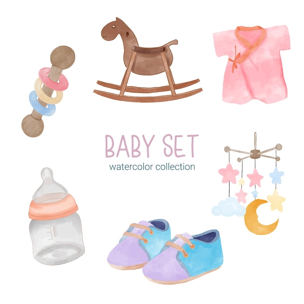 Set of beautiful separate parts of clothes baby items and toy in water colors