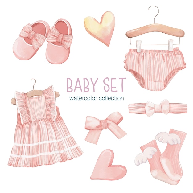 Free Vector set of beautiful separate parts of clothes baby items and toy in water colors