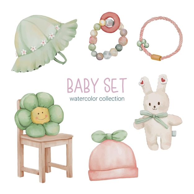 Free Vector set of beautiful separate parts of clothes baby items and toy in water colors