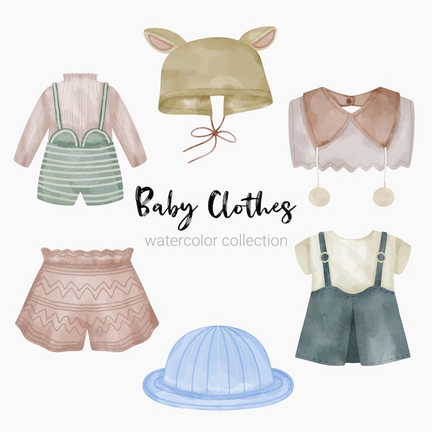 Free Vector set of beautiful separate parts of clothes baby items and toy in watercolors