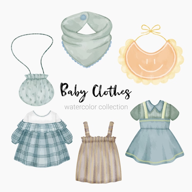 Set of beautiful separate parts of clothes baby items and toy in watercolors