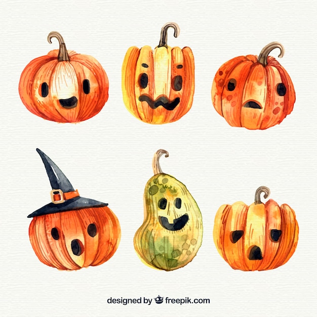 Free vector set of beautiful watercolor halloween pumpkins