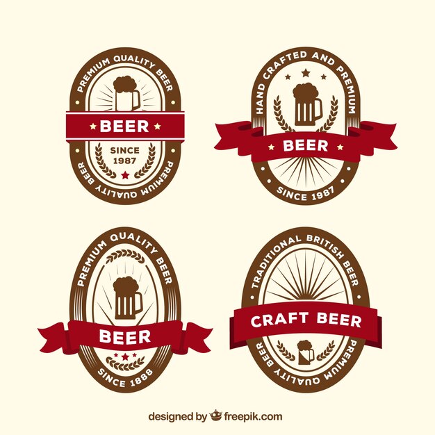 Set of beer stickers in retro style with ribbon