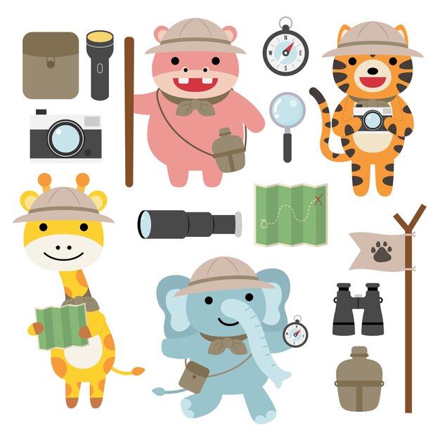 A set of big Isolated   animal adventure traveling illustration, hand drawn style, hiking and camping concept with traveling elements  .