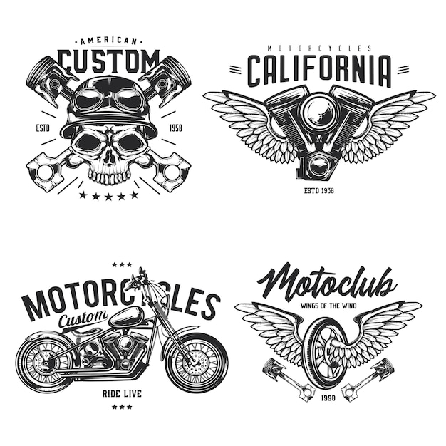 Set of biker and motorcycle emblems, labels, badges, logos. Isolated on white