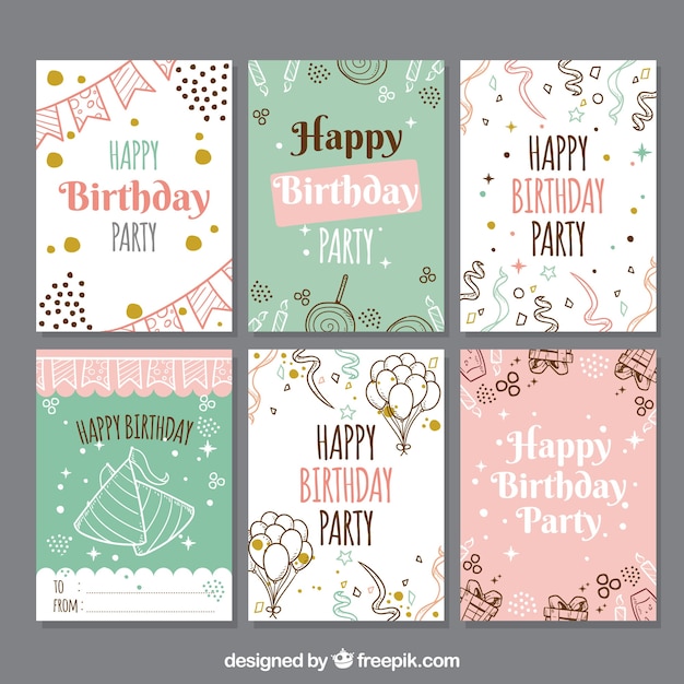 Free Vector set of birthday cards in hand drawn style