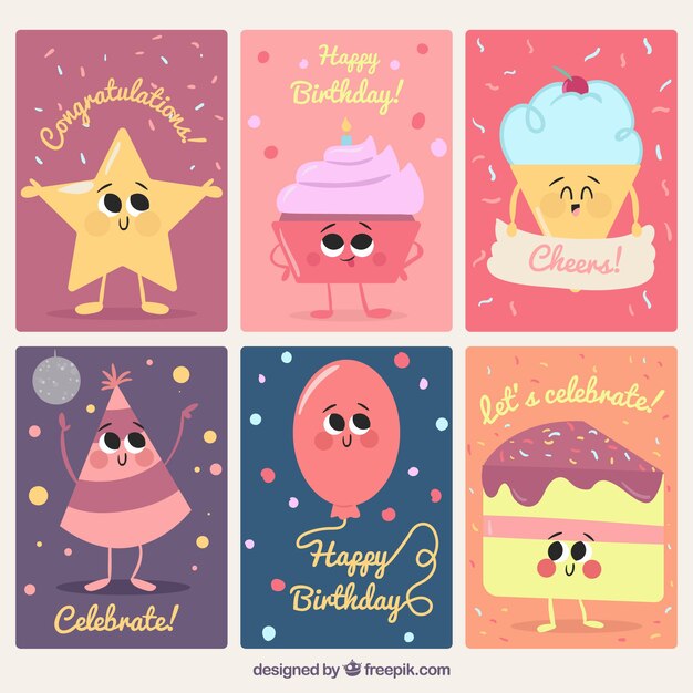 Set of birthday cards with adorable characters