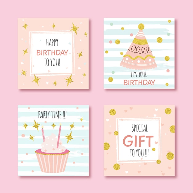 Set of birthday cards with colorful party elements