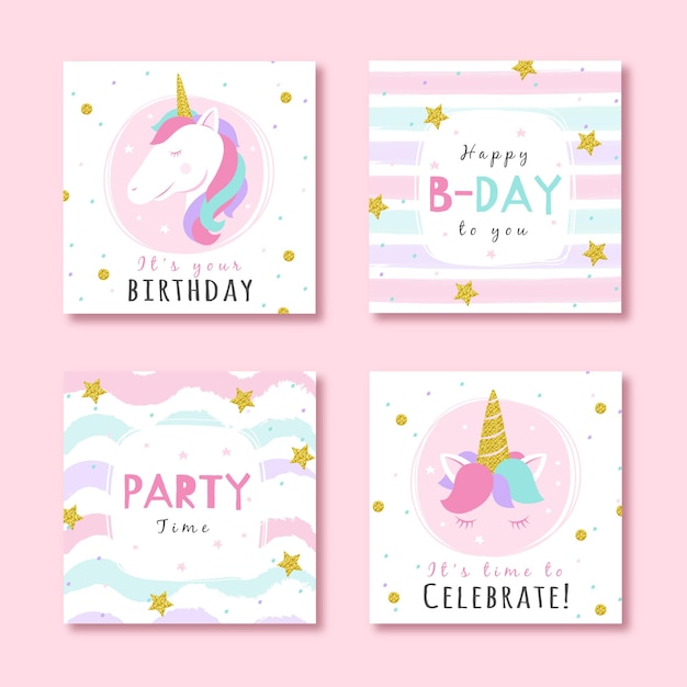 Set of birthday cards with glitter party elements