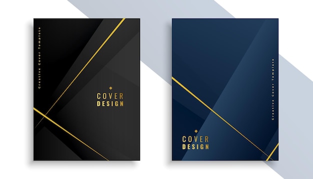 Free Vector set of black and blue corporate cover template with golden lines