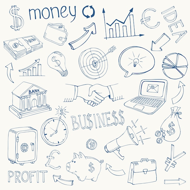 Set of black and white business and money infographic doodle sketch icons depicting  investment