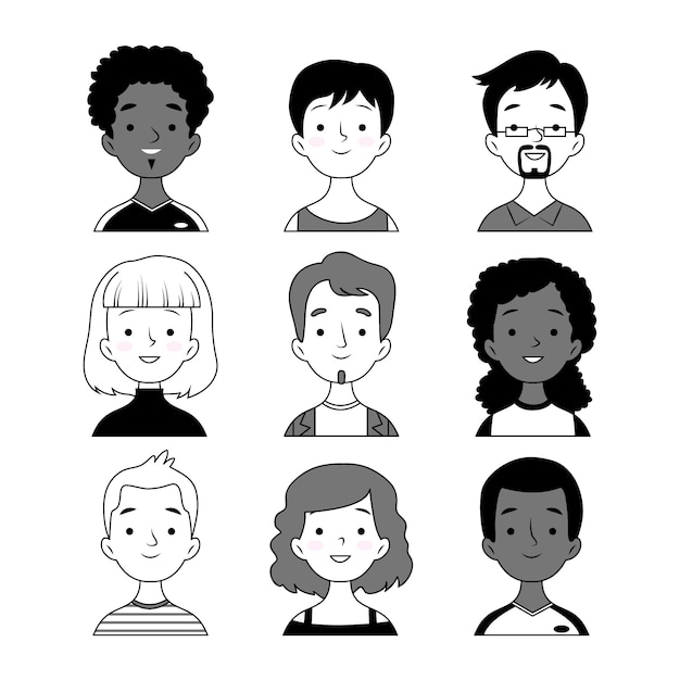 Set of black and white people avatars