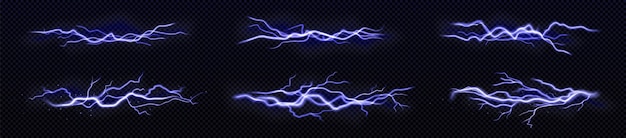 Set of blue lightning or thunderbolt effects png