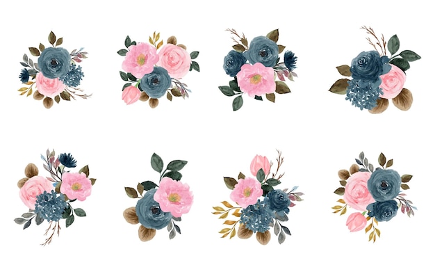 Free Vector set of blue and pink watercolor floral bouquet