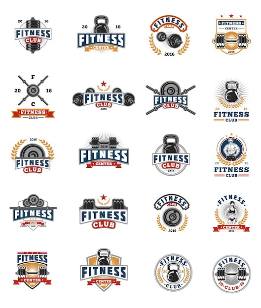 Set bodybuilding badges, stickers isolated on white.