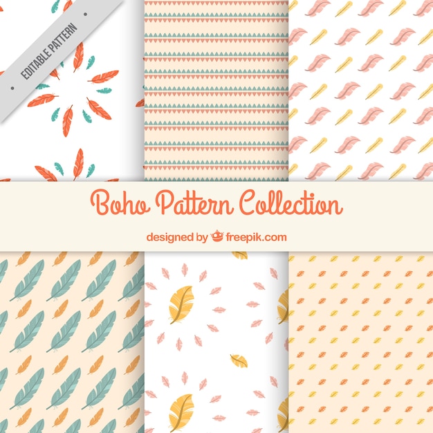 Set of boho patterns with decorative feathers