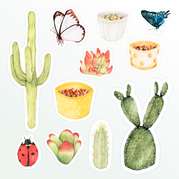 Set of botanical watercolor sticker doodle