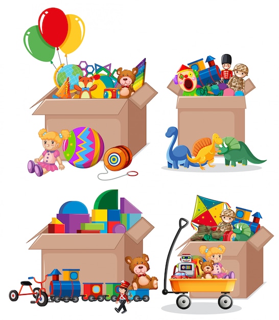 Free Vector set of boxes full of toys on white