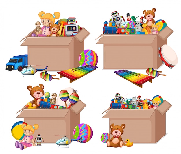 Set of boxes full of toys on white