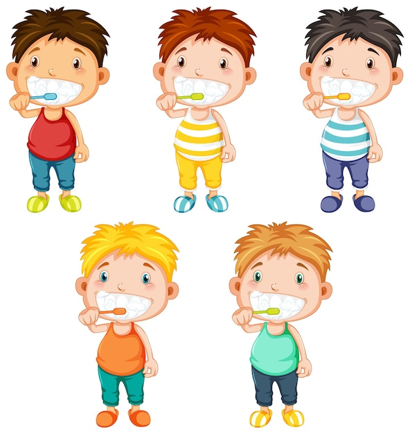 Free Vector set of boy brushing teeth