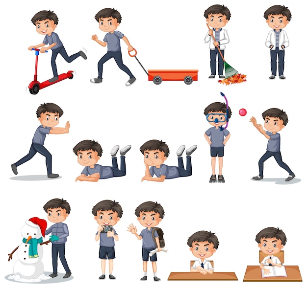 Set of boy in gray shirt doing different activities