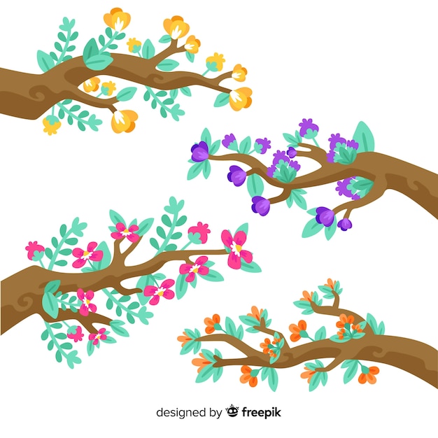 Free Vector set of branches and flowers on white background