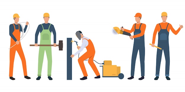 Free Vector set of builders, electrician, welder and handymen working