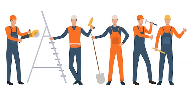 Set of builders and handymen standing, holding tools and working