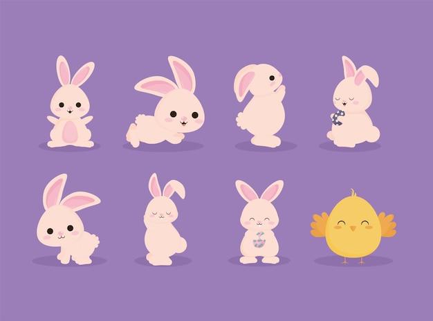 Free Vector set of bunnies and one chick