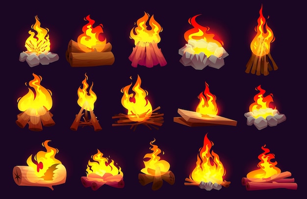 Free Vector set of burning fire flames, campfire with logs and woods. stone hearth, bonfire blaze glow effect. shining inferno, blazing ignition tongues isolated on black or background cartoon vector illustration