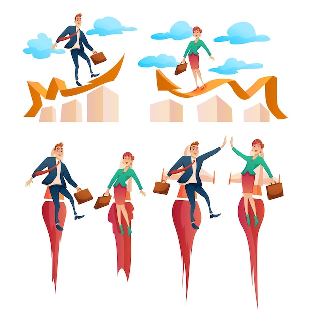 Free Vector set of business people glad in successful with trophy reward cartoon vector