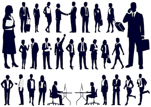 Free Vector set of business people silhouettes in action vector illustration isolated on a white background